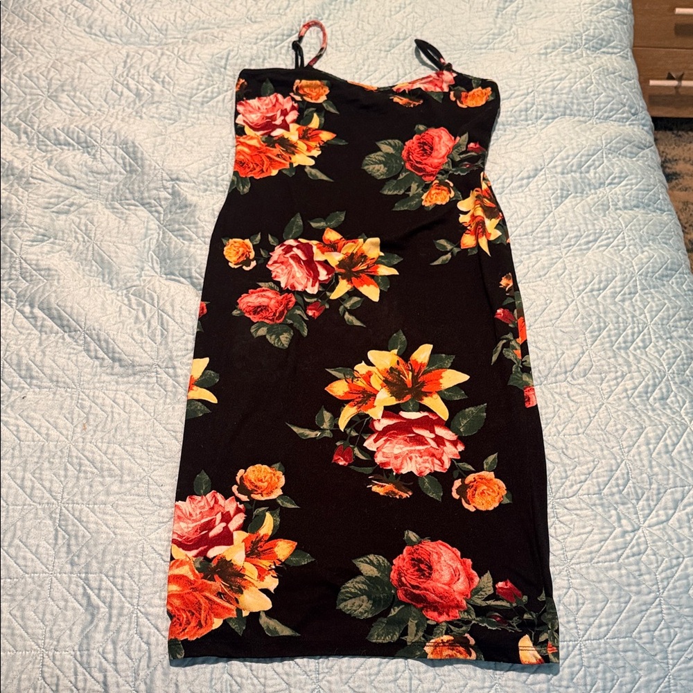 Floral Black adjust Strap Bodycon Dress with Pink & Yellow Roses back slit sz M